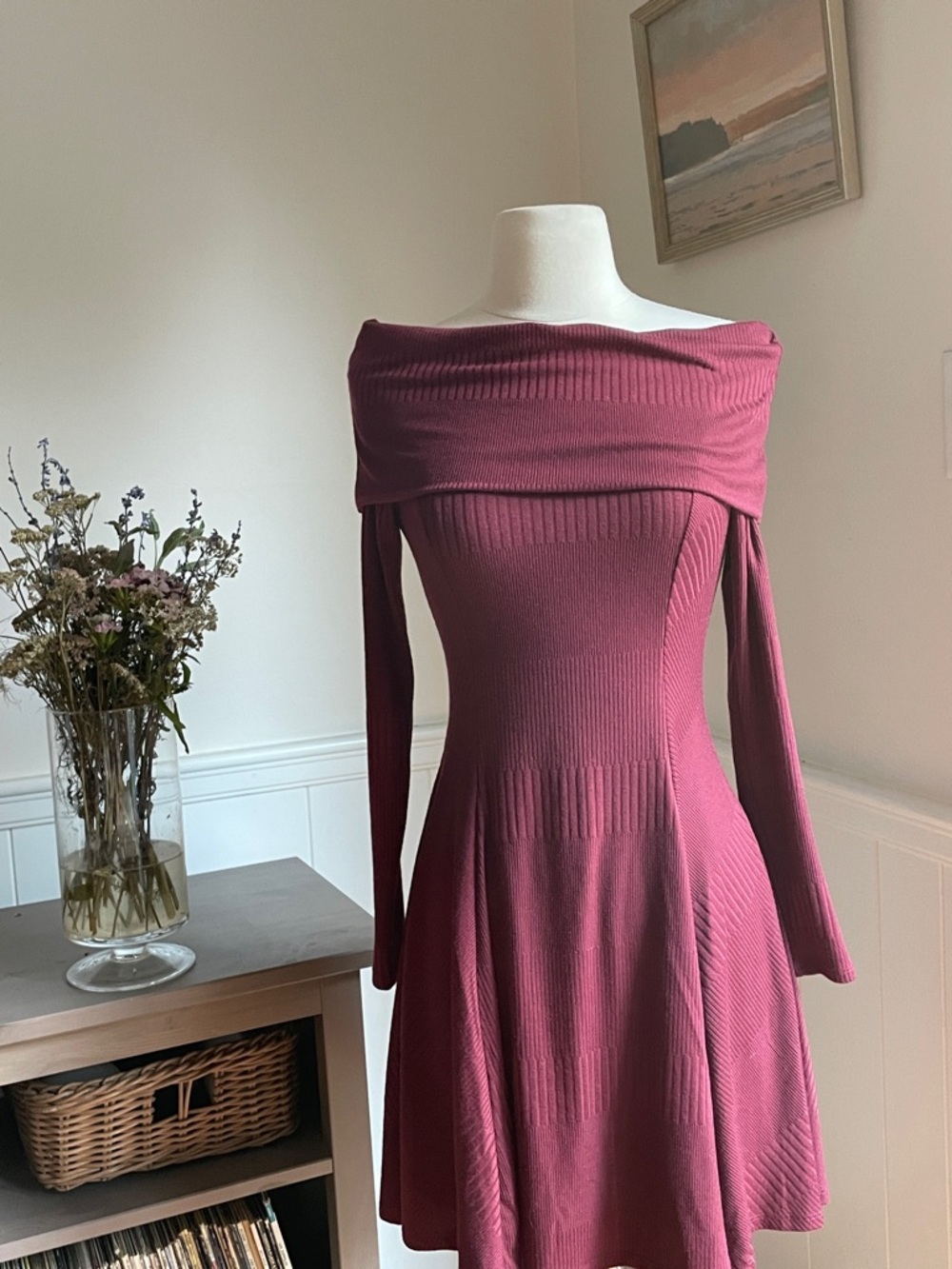 Miami Off-Shoulder Ribbed Fit & Flare Dress in Berry